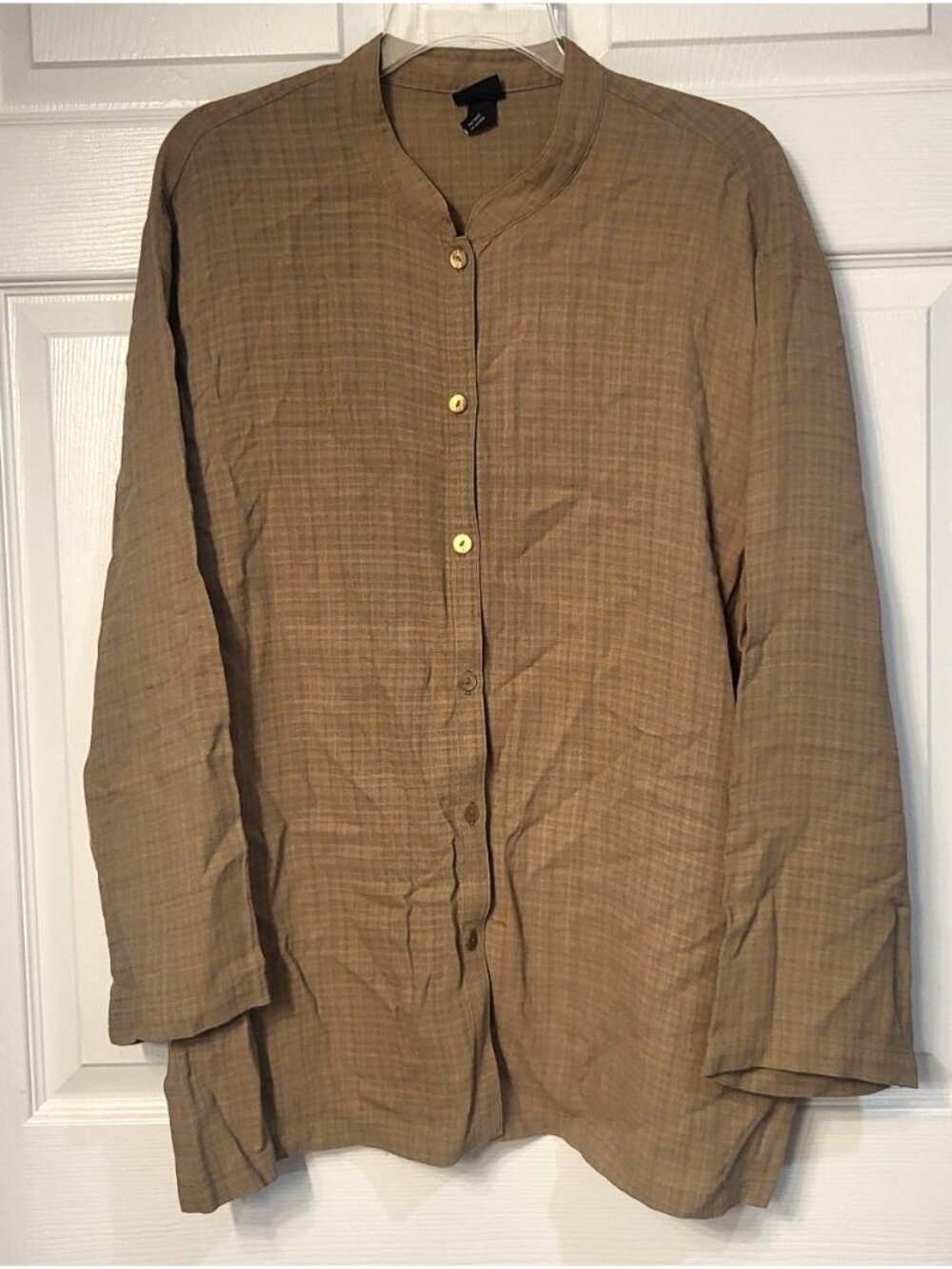 Eileen Fisher Tan Linen Blend Mnadarin Collar Button Up Blouse SZ 1X Long Sleeve